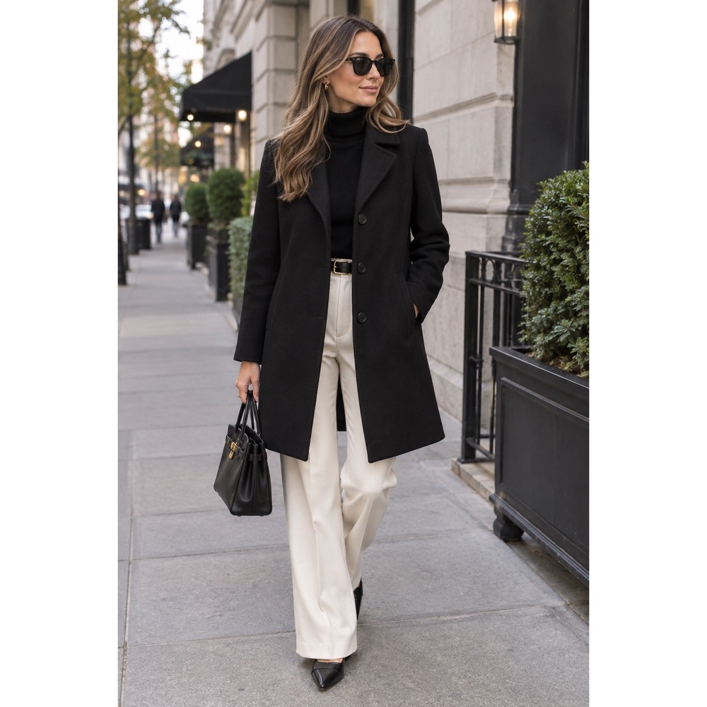 Fleurette Loro Piana Wool Coat Black Notched Lapel 3 Button Mid Length Womens